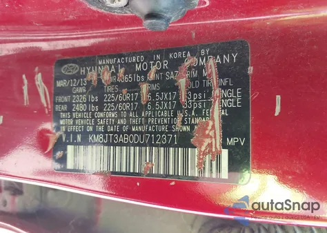 2013 Hyundai Tucson Gl z USA, uszkodzony, nr VIN KM8JT3AB0DU712371